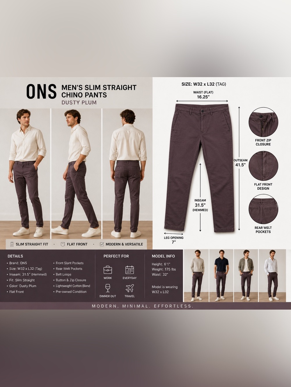 ONS Men's Slim Straight Chino Pants W32 Dusty Plum Brownish Hemmed 31.5" inseam